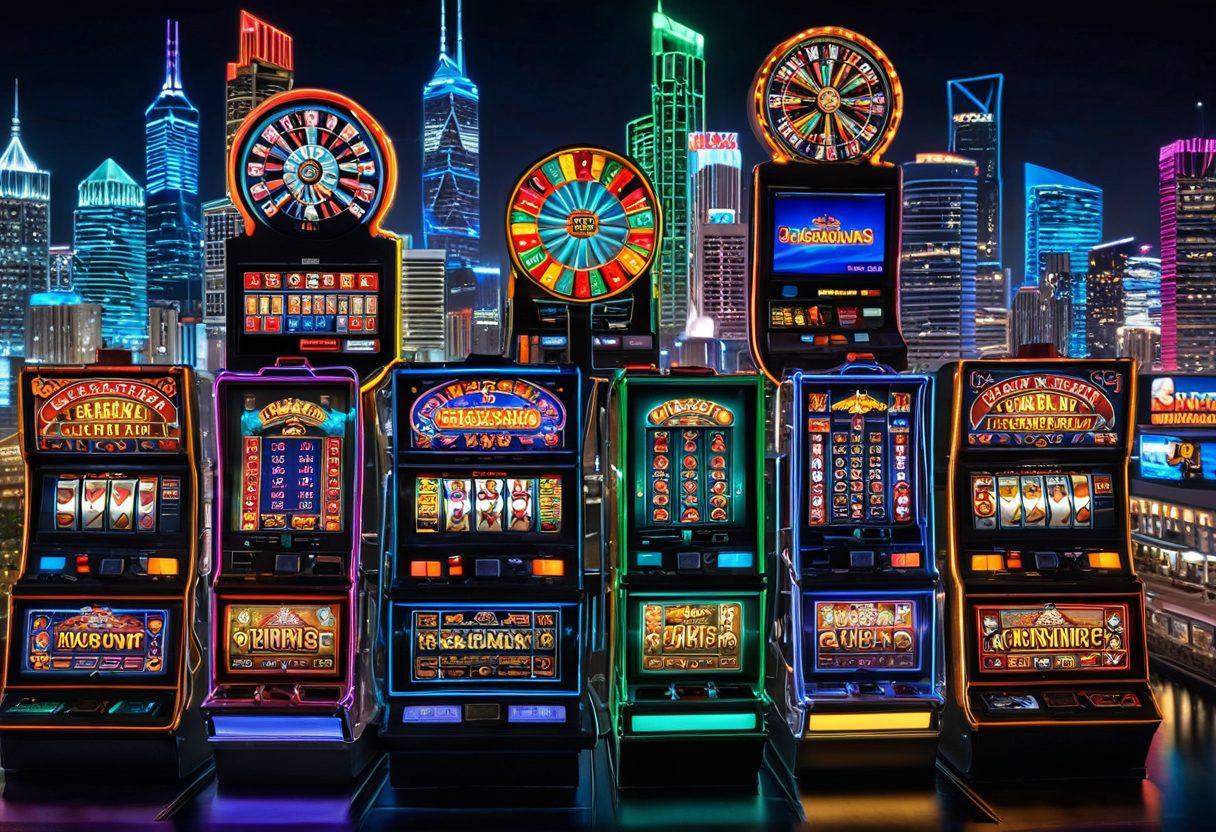 A dynamic collage showcasing various forms of online gambling, including vibrant slot machines with spinning reels, a high-energy sports betting interface with odds and live updates, and stacks of colorful chips representing casino games. The background features a digital landscape of a city skyline at night, symbolizing the online world of gambling adventure. Include elements of excitement, luck, and thrill. super-realistic. vibrant colors. 3D.