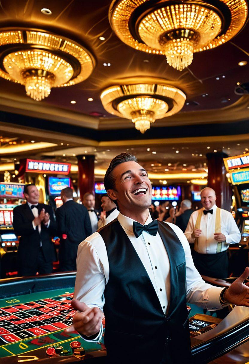 A lavish casino interior with sparkling chandeliers and vibrant slot machines, featuring a winning player celebrating with a stack of dollar bills raining down. Include a roulette table in the background with excited players and promotional banners displaying 'Big Dollars'. The atmosphere should be lively and colorful, emphasizing luck and fortune. super-realistic. vibrant colors.